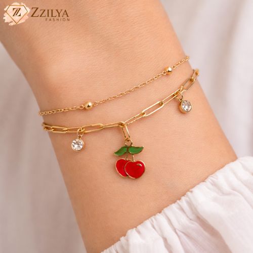 ZZILYA Fashion | 18K Gold Plated Cherry Charm Double Layer