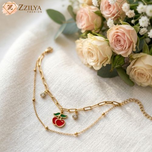 ZZILYA Fashion | 18K Gold Plated Cherry Charm Double Layer