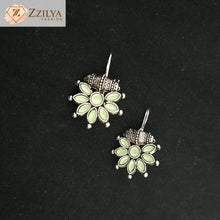 Mint Green Floral Oxidized Silver Dangle Earrings | Boho Ethnic Jewelry for Women