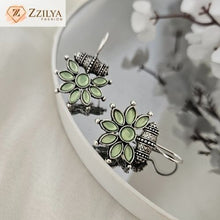 Mint Green Floral Oxidized Silver Dangle Earrings | Boho Ethnic Jewelry for Women