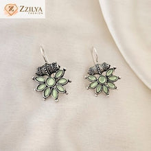 Mint Green Floral Oxidized Silver Dangle Earrings | Boho Ethnic Jewelry for Women