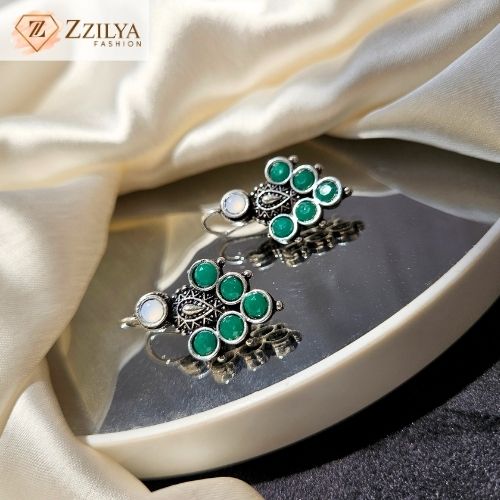Dark Green Oxidized Silver Earrings | Ethnic Traditional Jewelry Under ₹99