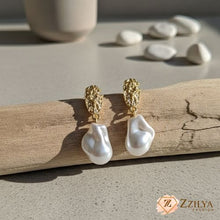 Zzilya Fashion Textured Gold & White Baroque Pearl Dangle Earrings