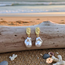 Zzilya Fashion Textured Gold & White Baroque Pearl Dangle Earrings