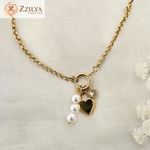 Pearl & Heart Charm Necklace 18K Gold Plated Anti Tarnish Necklace