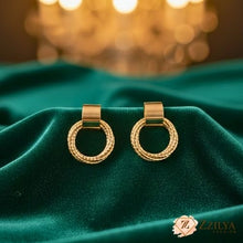 Chic Textured Gold Double Ring Drop Earrings - Lightweight & Trendy