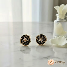 Chic Black Enamel & Pearl Camellia Flower Stud Earrings - Luxury Look Under ₹99
