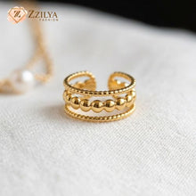 ZZILYA Fashion Beaded Triple Layer Gold Ring | Adjustable Stacked Band