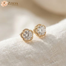 Elegant gold-plated floral stud earrings with a large round center stone and micro-studded petal halo, perfect for minimalist daily jewelry by Zzilya Fashion.