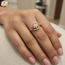 Zzilya Fashion adjustable rose gold tarnish-free ring featuring a sparkling cubic zirconia flower centerpiece within a halo.