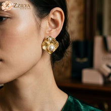 Gold Anti-Tarnish Hammered Pearl Statement Earrings | ZZILYA Fashion