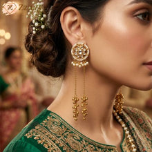 Traditional gold-plated Kashmiri Dejhoor style long chain earrings with Kundan floral studs and pearl droplets from Zzilya Fashion.