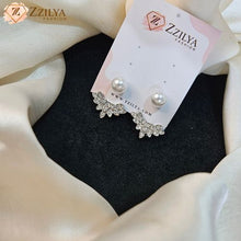 Zzilya Fashion Korean pearl and crystal ear jacket earrings displayed on branded jewelry card