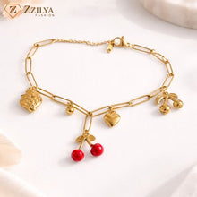 Gold Anti-Tarnish Paperclip Bracelet with Red Cherry and Strawberry Charms - Zzilya Fashion