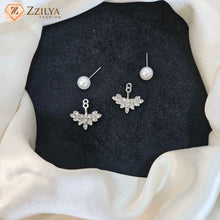 Korean pearl stud earrings with crystal ear jacket drop attachment on black display cushion under 99 by zzilya fashion