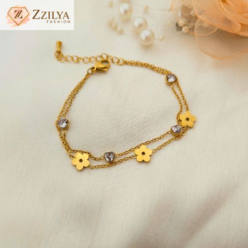 ZzilyaFashion delicate gold-plated flower bracelet with crystals – anti-tarnish jewelry for women and teens