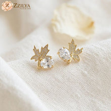 Zzilya Fashion gold maple leaf stone-studded minimal earrings for everyday wear.