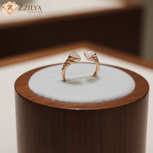 Zzilya Fashion rose gold tarnish-free adjustable open ring featuring two sparkling crystal-studded triangle motifs on a textured band.