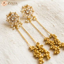 Traditional gold-plated Kashmiri Dejhoor style long chain earrings with Kundan floral studs and pearl droplets from Zzilya Fashion.