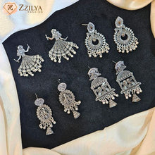 pack of 4 oxidized silver earrings including Dandiya dancers, peacock motifs, and statement earrings by Zzilya fashion